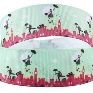 May include: Green and red ribbon with a repeating pattern of a cityscape and silhouettes of people flying with umbrellas. The cityscape includes a red building with a clock tower.