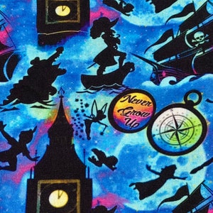18x10&quot; Disney Peter Pan Fabric 100 % Cotton Fabric Remnant Never Grow Up Tinker Bell Captain Hook Tic Toc Wendy John Michael