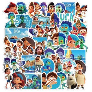 May include: A set of 30 colorful stickers featuring characters from the animated film Luca. The stickers feature a variety of characters, including Luca, Alberto, Giulia, and the sea monster forms of Luca and Alberto. The stickers are perfect for adding a touch of fun to laptops, water bottles, notebooks, and more.