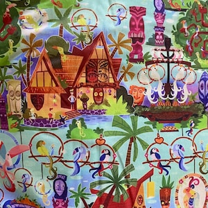 Disney Tiki Room Fabric 100% Cotton Fabric by the Yard Birds Tiki Gods Polynesian Tropical Disney Attraction Fabric