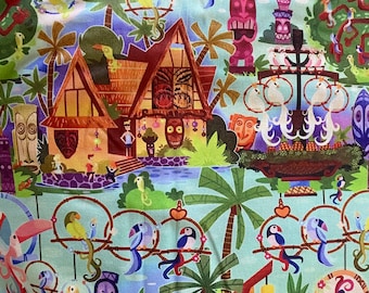 Disney Tiki Room Fabric 100% Cotton Fabric by the Yard Birds Tiki Gods Polynesian Tropical Disney Attraction Fabric