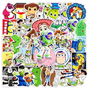 May include: A collection of colorful stickers featuring characters from popular animated films and television shows, including Toy Story, Woody, Buzz Lightyear, and more. The stickers are perfect for decorating laptops, water bottles, notebooks, and other surfaces.