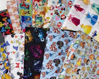 Disney Fabric Bundle Mystery Grab Bag NO Duplicates 10 Fat Eighths Polyester/Cotton Blend Fabric Poly Cotton