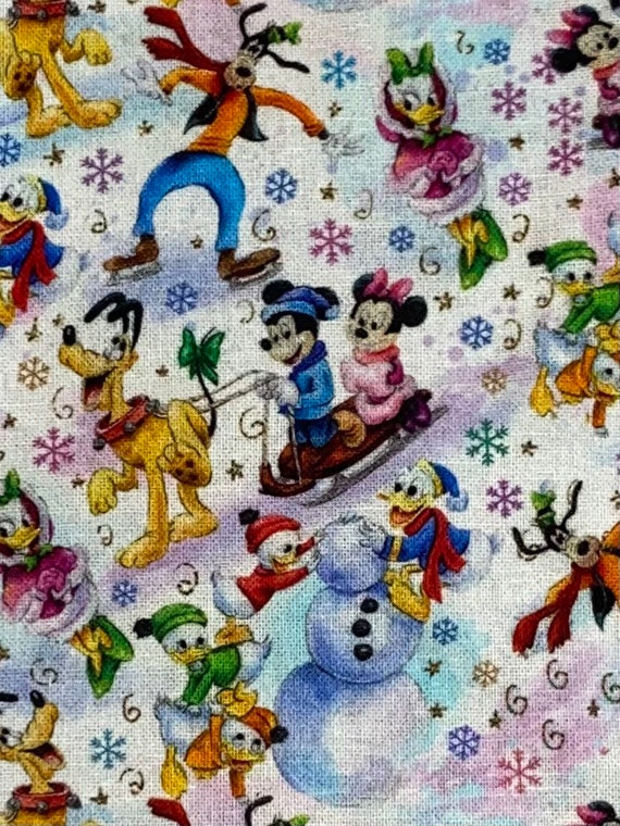 Disney Christmas Fabric 100 Cotton Fabric by the Yard Winter sled Mickey Minnie Mouse Goofy Pluto Donald Duck Daisy Fabric