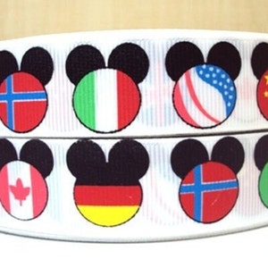 Ruban Disney Epcot 7/8 po. Ruban gros-grain haute qualité par mètre Ruban Drapeaux Disney World autour du monde Allemagne France États-Unis Mexique