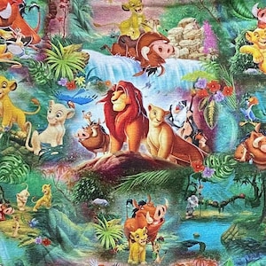 May include: A vibrant fabric featuring a colorful collage of characters from The Lion King. The design includes Simba, Nala, Timon, Pumbaa, and other characters set against a lush, tropical background with waterfalls and foliage.