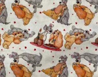 Disney Lady and the Tramp Fabric 100% Cotton Fabric Fat Quarters Fat Eighths Tumbler Cuts Disney Dogs Fabric