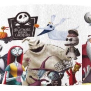 May include: A white cylindrical object featuring characters from "The Nightmare Before Christmas." The design includes Jack Skellington, Sally, Zero, Oogie Boogie, and other characters from the movie. The text "The Nightmare Before Christmas" is also visible.