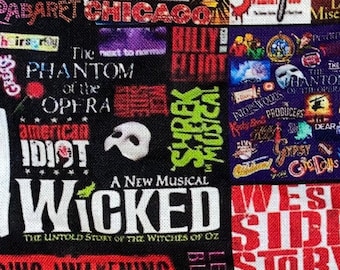 Broadway Theater Fabric 100% Cotton Fabric Fat Quarters Tumbler Cut Theatrical West Side Story Mama Mia Rent Chicago Hairspray Grease Plays