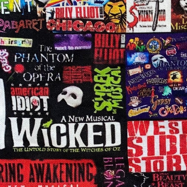 Broadway Theater Fabric 100% Cotton Fabric Fat Quarter Tumbler Cut Theatrical West Side Story Mama Mia Rent Chicago Hairspray Grease Plays