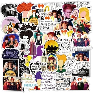 May include: A set of 30 Hocus Pocus stickers featuring various characters and quotes from the movie. The stickers are colorful and feature a variety of designs, including the Sanderson sisters, the black cat, and the iconic Hocus Pocus logo.