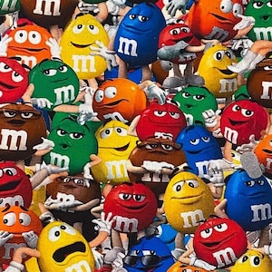 M&M Candy 100% Cotton Fabric Fat Quarters Fat Eighths Tumbler Cut Chocolate Candies Peanut Mars Inspired