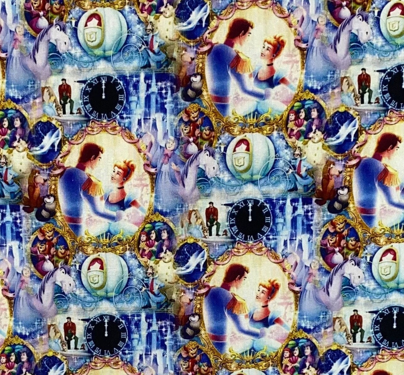 Cinderella Fabric Dress  Collage 100% Cotton Fabric By the Yard Disney Gorgeous Fabric Glass Slipper Carriage Pumpkin
