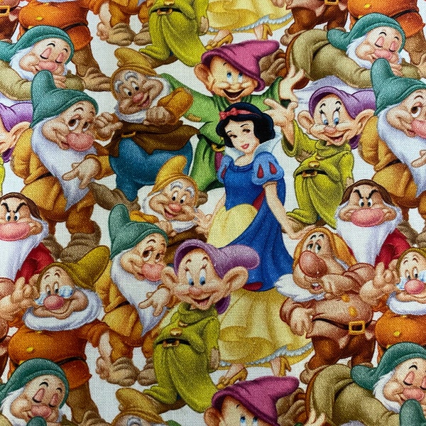 Disney Snow White Fabric 100% Cotton Fabric Fat Quarter Tumbler Cut Seven Dwarfs Fabric Collage Dopey Grumpy Sleepy Sneezy Doc Bashful Happy