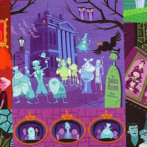 May include: A colorful patchwork fabric design featuring a haunted mansion with a sign that reads "The Haunted Mansion 50th Anniversary". The fabric also includes images of ghosts, owls, and other spooky characters.
