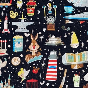 Disney Vintage Attractions Fabric 100% Cotton Fabric by the Yard Ride Collage Mickey Mouse Park Treats Snacks