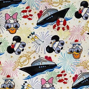 Disney Wish Cruise Fabric 100% Cotton Fabric Fat Quarters Tumbler Cut Cartoon Collage Disney Wish Mickey Minnie Mouse Donald Daisy Duck