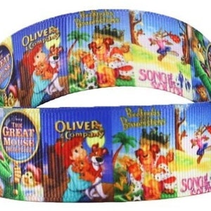 May include: A blue and white ribbon with a repeating pattern of cartoon characters from the movies "The Great Mouse Detective", "Oliver & Company", and "The Adventures of the Little Koala". The ribbon features the movie titles and characters like Basil of Baker Street, Oliver, Dodger, and the Koala.