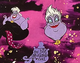 May include: Purple and black fabric with a repeating pattern of Ursula, the sea witch from The Little Mermaid. Ursula is depicted with her signature purple skin, long blonde hair, and a mischievous expression. The fabric also features a repeating pattern of gold glitter and the text "You Poor Unfortunate Soul".