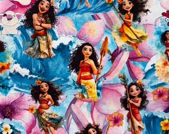 Disney Moana Fabric 100% Cotton Fabric by the Yard Disney Princess Moana Polynesian Hawaiian Pua Hei Hei Collage