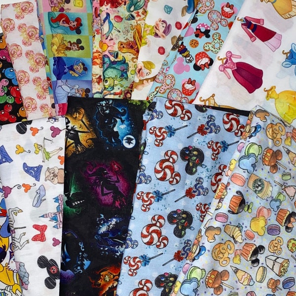 10 Disney Fat Quarters Fabric Bundle Mystery Grab Bag NO Duplicates Ten Fat Quarters Polyester/Cotton Blend Fabric