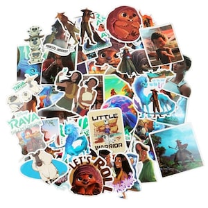 May include: A collection of colorful stickers featuring characters and scenes from the animated film "Raya and the Last Dragon." The stickers include images of Raya, Sisu, Tuk Tuk, and other characters, with text such as "Princess Undercut" and "Let's Roll."
