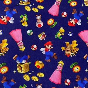 マリオブラザーズ生地 100%コットン生地 ファットクォーター タンブラーカット 漫画コラージュ ルイージ ヨッシー ピーチ姫