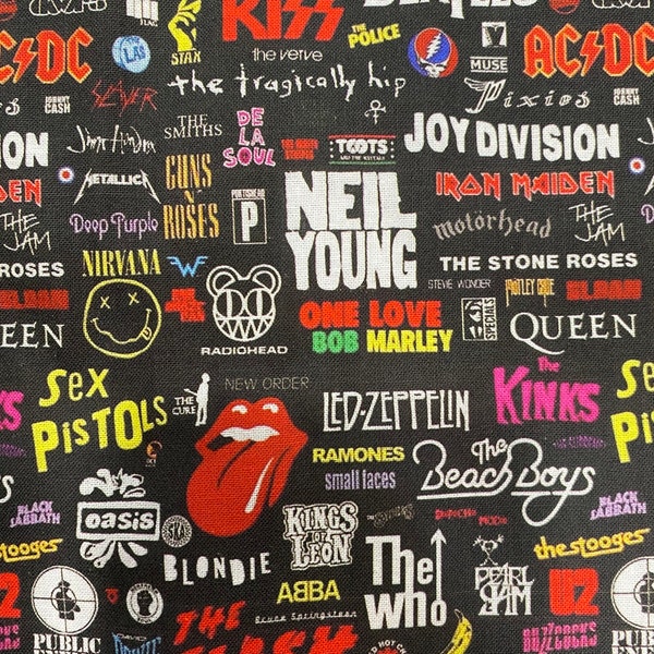 Classic Rock Band Fabric 100% Cotton Fabric by the Yard Beach Boys Nirvana Beatles Queen The Clash Kiss ABBA Joy Division and Much More!