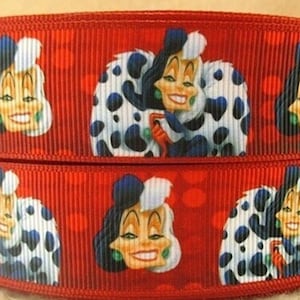 Ruban Disney Cruella 2,5 cm de haute qualité par mètre Ruban Les 101 dalmatiens du méchant Disney Evil Cruella De Vil Villain