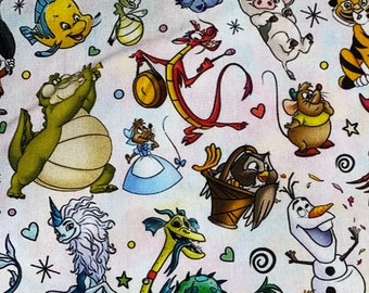 Disney Sidekicks Fabric 100% Cotton Fabric bY the Yard Stitch, Flounder, Gus, Pua, Louis, Mushu Sisu Fabric