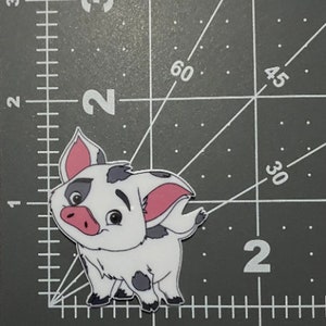 May include: A white pig with black spots and pink ears. The pig has a surprised expression on its face and is looking to the left.