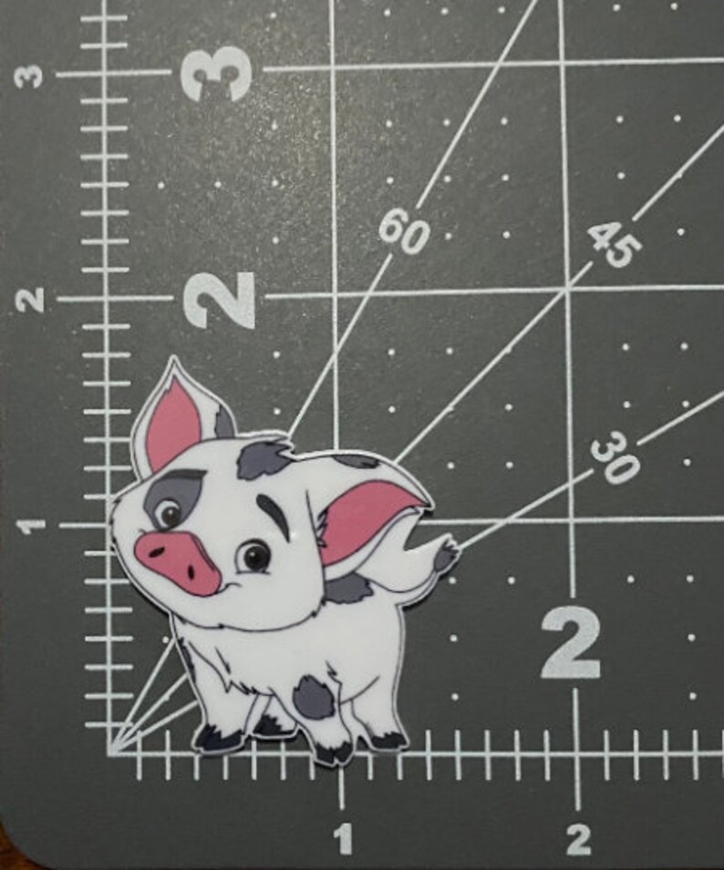 May include: A white pig with black spots and pink ears. The pig has a surprised expression on its face and is looking to the left.