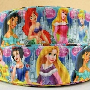 Disney Princess Ribbon 1&quot; High Quality Grosgrain Ribbon By The Yard Cinderella Belle Aurora Ariel Snow White Jasmine Tiana Rapunzel