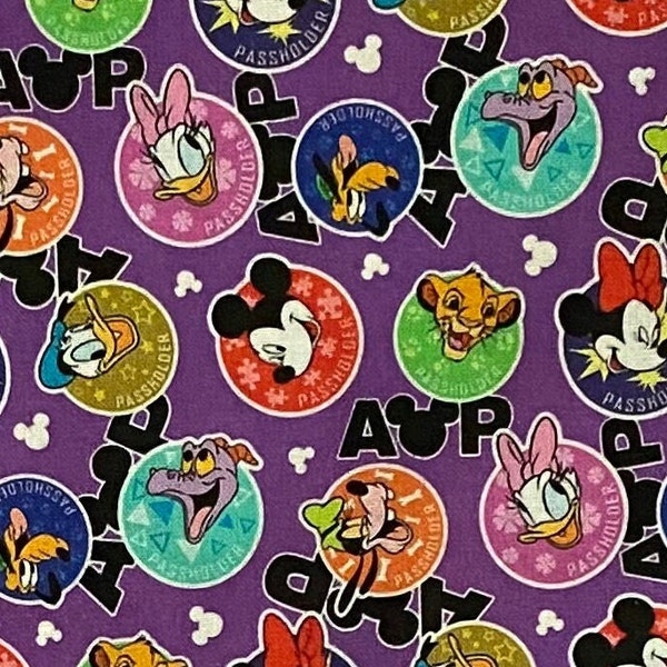 Disney Fabric 100% Cotton Fabric Fat Quarter Tumbler Cut Disney Annual Pass Holder Mickey Collage Simba Goofy Figment Donald Minnie Mouse