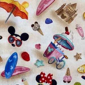 18x10&quot; Disney Vacation Fabric 100% Cotton Fabric Remnant Beach Castaway Cay Mickey Mouse Minnie Mouse Sandcastle Surf Board Holiday Fabric