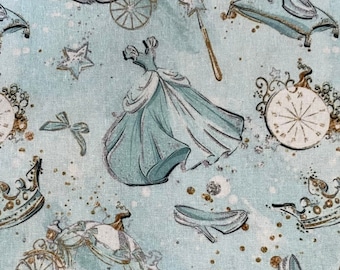 Disney Cinderella Fabric 100% Cotton Fabric Tumbler Fat Quarters Eighths Disney Gorgeous Fabric Glass Slipper Pumpkin Carriage Dress Collage