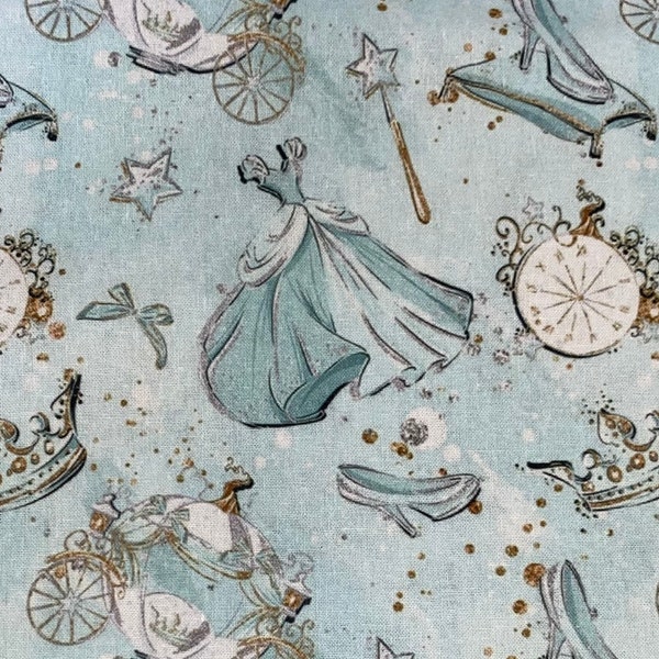 Disney Cinderella Fabric 100% Cotton Fabric Tumbler Fat Quarter Disney Gorgeous Fabric Glass Slipper Pumpkin Carriage Dress Collage