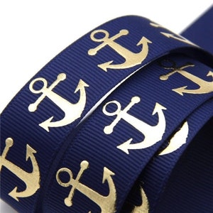 Nautical Anchor Ribbon 7/8" High Quality Grosgrain Ribbon By The Yard Perfect for Cruising Vacations Ship Boats Navy Blue and Gold Embossed