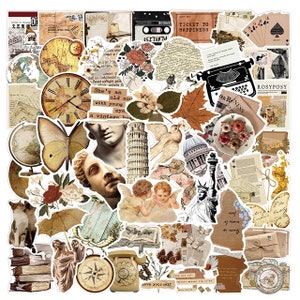 May include: A set of vintage-style stickers featuring various images, including a clock, a butterfly, a globe, a statue, a dove, a building, a cat, a book, a telephone, a compass, and a camera. The stickers are printed on white paper with a matte finish.