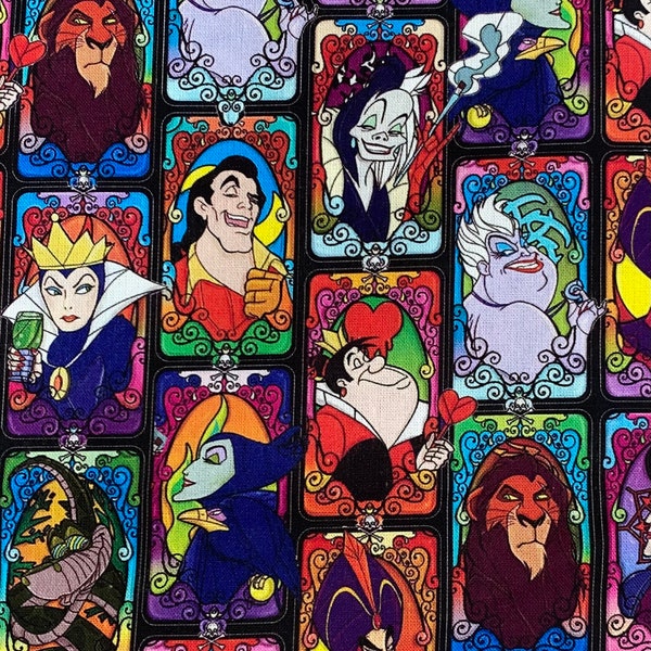 Disney Villains Fabric 100% Cotton Fabric Fat Quarters Tumbler Cuts Ursula Queen of Hearts Maleficent Scar Cruella De Vil Lady Tremaine Kaa