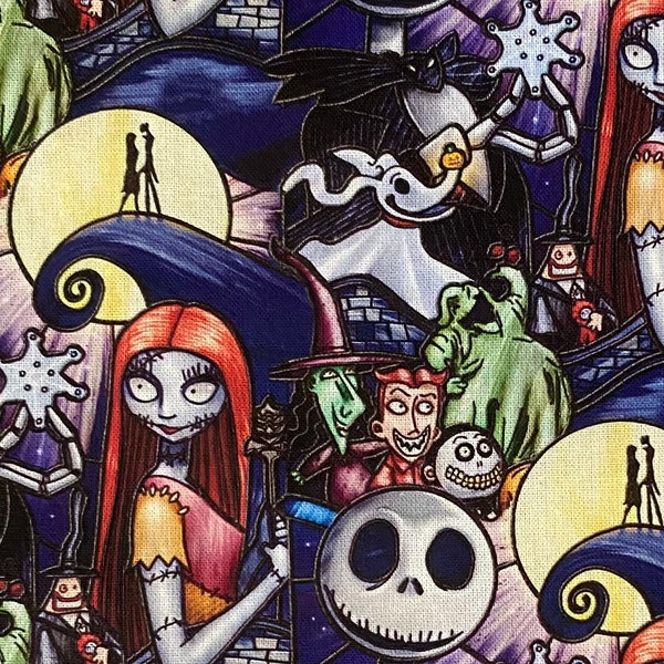Nightmare Before Christmas Fabric 100% Cotton Fabric Fat Quarters Tumbler Cuts Disney NBC Fabric Jack Skellington Sally Oogie Boogie Collage