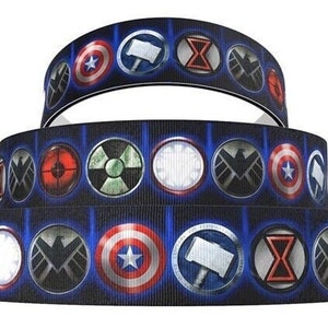 Marvel Ribbon 1", 1.5" and 2" High Quality Grosgrain Ribbon By The Yard Shields Captain America Ironman Black Widow Hulk Superhero Ribbon