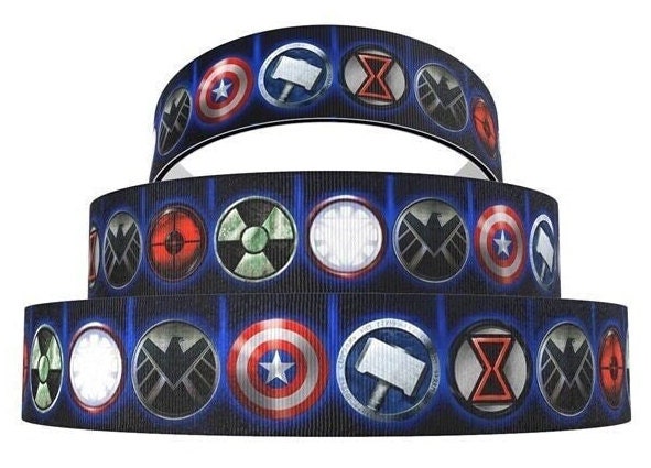 3/8" Marvel Ribbon High Quality Grosgrain Ribbon By The Yard Shields Captain America Ironman Black Widow Hulk Superhero Ribbon