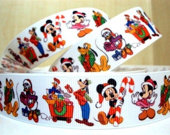 Disney Christmas Ribbon 1" High Quality Grosgrain Ribbon By The Yard Mickey Mouse Goofy Donald Duck Daisy Pluto Minnie Disney Ribbon