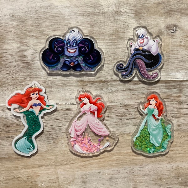 Disney Little Mermaid Shaker | Princess Ariel | Sea Witch Ursula | Hair Bow Center, Key Ring, Cabochon, Scrapbook Embellishment