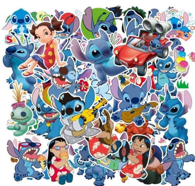 May include: A collection of colorful cartoon stickers featuring Stitch, the alien character from the Disney movie Lilo & Stitch. The stickers feature Stitch in various poses and expressions, including playing music, driving a car, and holding a flower. The stickers are perfect for adding a touch of fun and whimsy to any project.