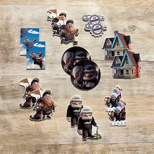 May include: A set of 10 Up and Pixar themed stickers featuring characters from the movies Up and Inside Out. The stickers are printed on white paper and have a glossy finish. The stickers include characters like Carl Fredricksen, Russell, Dug, Ellie, and the characters from Inside Out. The stickers are perfect for decorating laptops, water bottles, notebooks, and more.