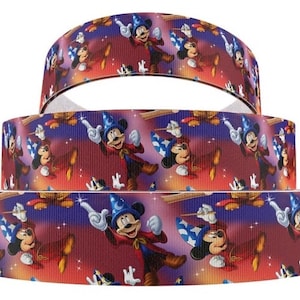 May include: A set of three purple, red, and blue ribbon with a repeating pattern of Mickey Mouse dressed as a wizard with a magic wand.