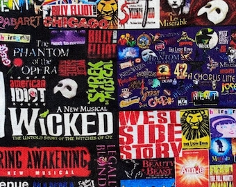 18 x 10" Broadway Plays Fabric 100% Cotton Fabric Remnant Theatrical West Side Story Mama Mia Rent Chicago Hairspray Many More Theatre