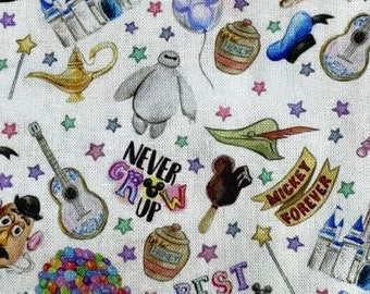 Disney Fabric Collage 100% Cotton Fabric by the Yard Best Day Ever UP Stitch Baymax Castle Never Grow Up Best Day Ever Fabric Peter Pan